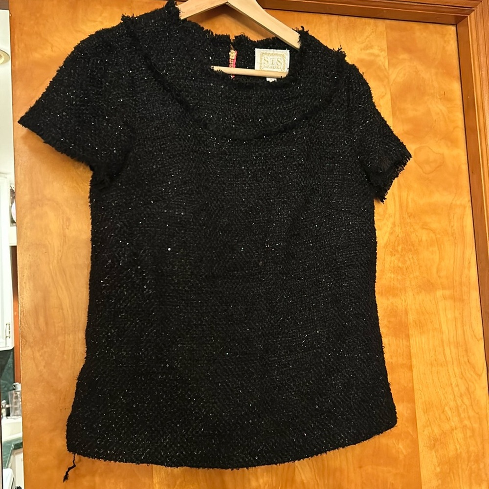 Sail to Sable STS Black Silver Sparkle Tweed Top with Statement Zipper on Back S